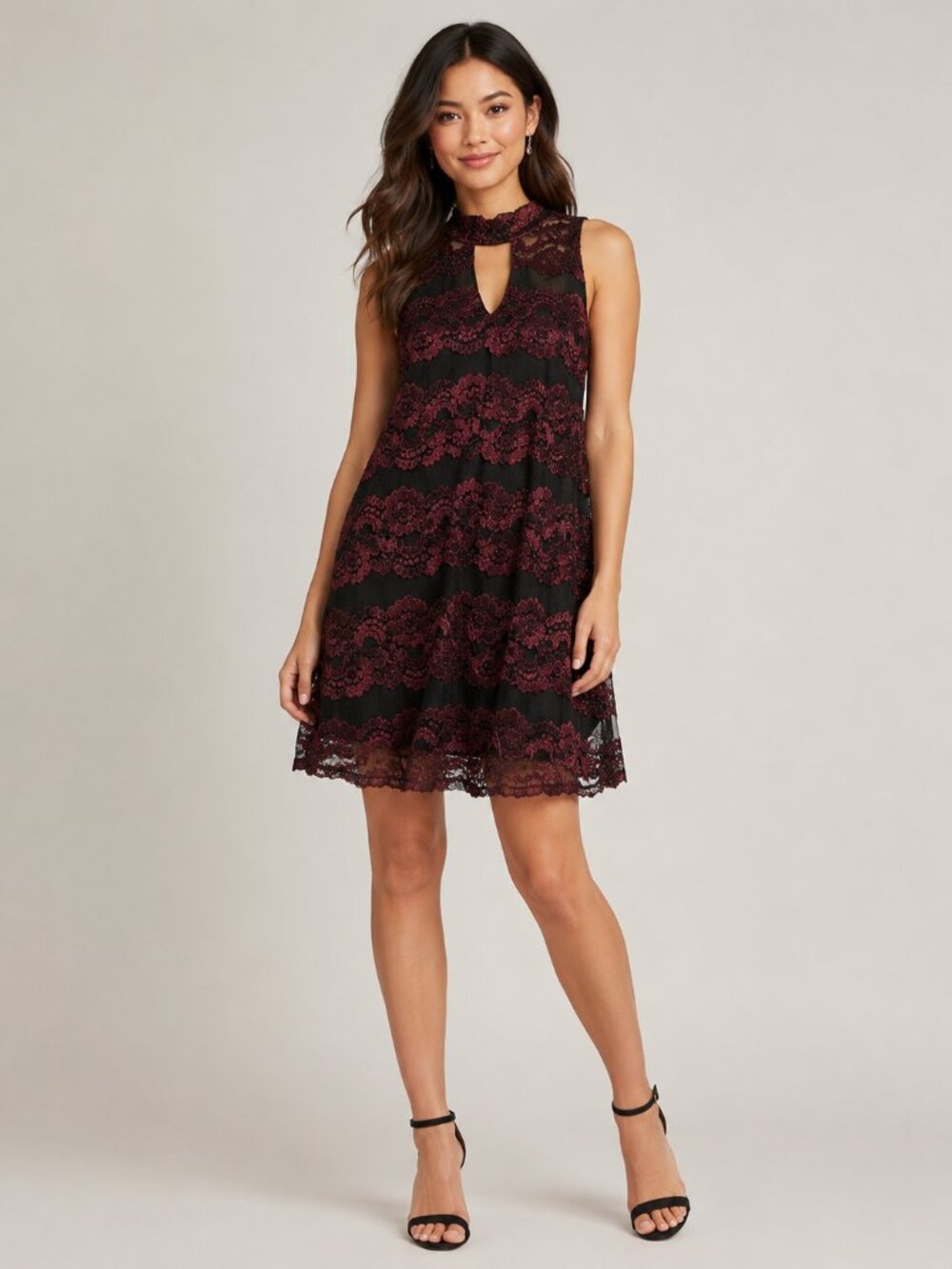 Trixxi - Black & Metallic Burgundy Lace Keyhole Shift Mini Dress - Sz S - NWT